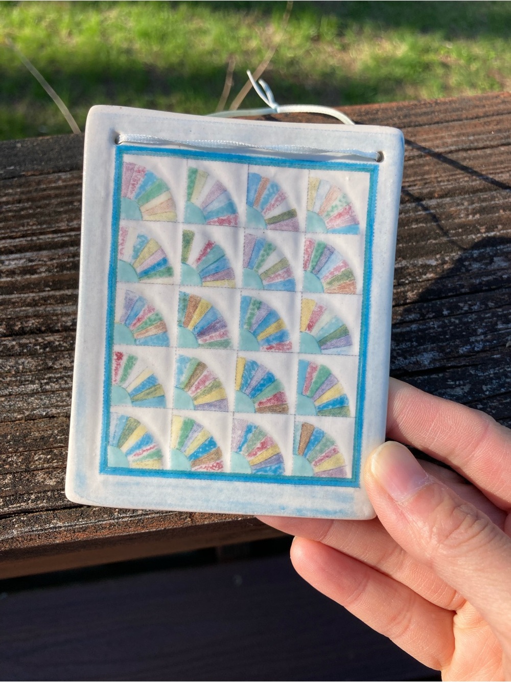 Vtg 1989 Rainbow Fans Ceramic Tile Grandmother’s Fan Hill Design Decoration